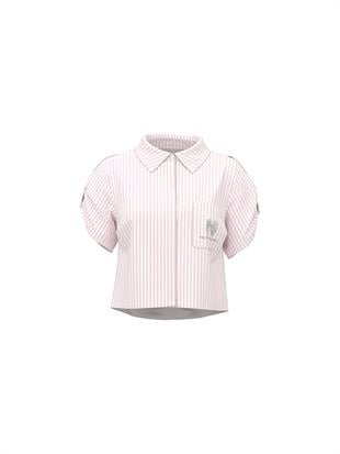 Beachwear Klasik Çizgili Keten Bol Kesim Kısa Kollu Bluz