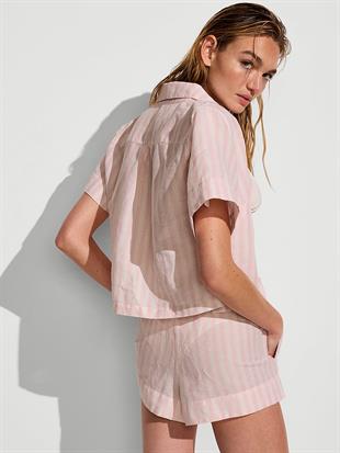 Beachwear Klasik Çizgili Keten Bol Kesim Kısa Kollu Bluz