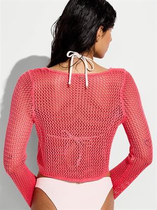 Beachwear Önden Bağlamalı Uzun Kollu File Üst