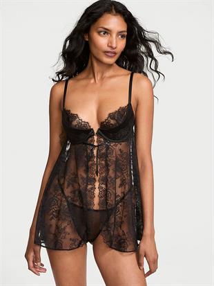 Dantelli Derin Dekolteli Push-Up Babydoll Takımı