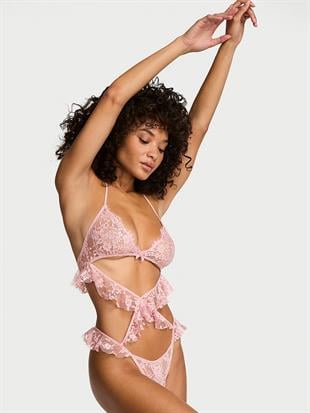 Dantelli Fırfırlı Halter Yaka Dekolteli Teddy