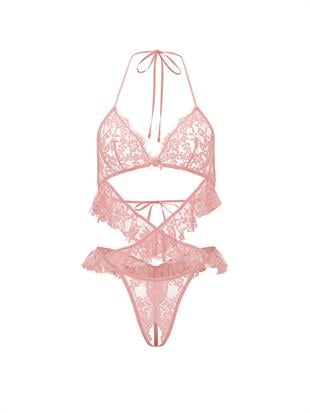 Dantelli Fırfırlı Halter Yaka Dekolteli Teddy