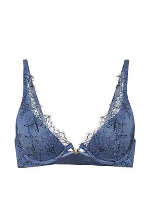 Denim Dantelli Hafif Dolgu Destekli Dekolte Sütyeni