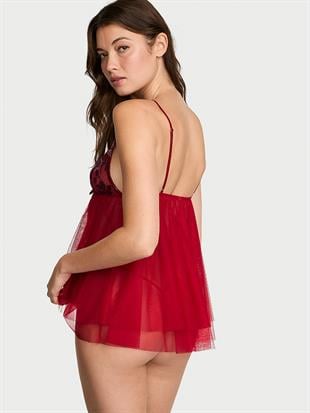 Fiyonklu İşlemeli Tül Babydoll Takımı