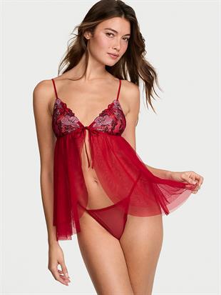 Fiyonklu İşlemeli Tül Babydoll Takımı