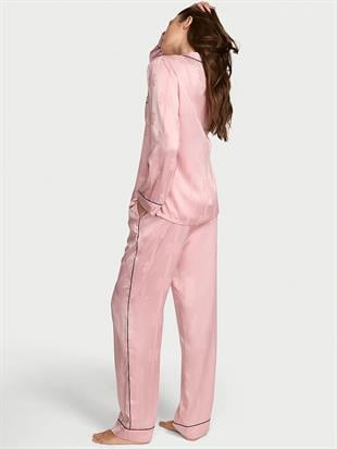 Glazed Saten Fiyonklu Çizgili Uzun Pijama Takımı