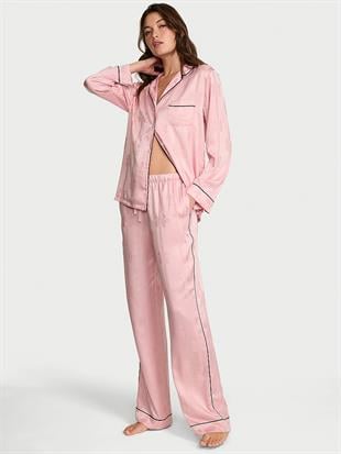 Glazed Saten Fiyonklu Çizgili Uzun Pijama Takımı