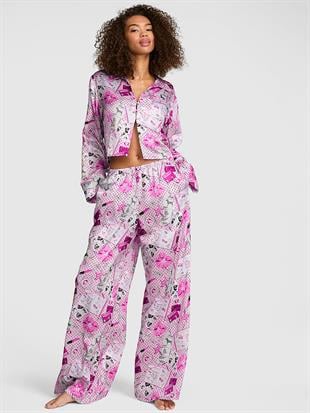 GRW PINK™ Saten Uzun Kollu Üst ve Altlı Pijama Takımı