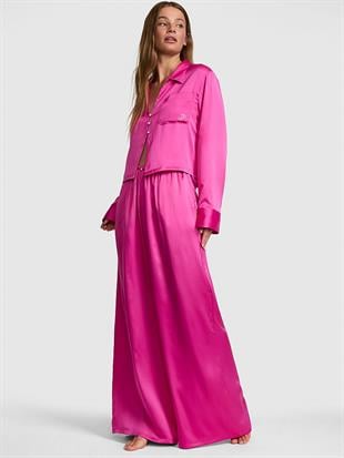 GRW PINK™ Saten Uzun Kollu Üst ve Altlı Pijama Takımı