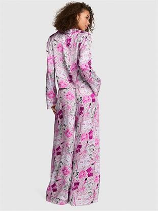 GRW PINK™ Saten Uzun Kollu Üst ve Altlı Pijama Takımı