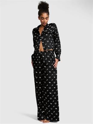 GRW PINK™ Saten Uzun Kollu Üst ve Altlı Pijama Takımı