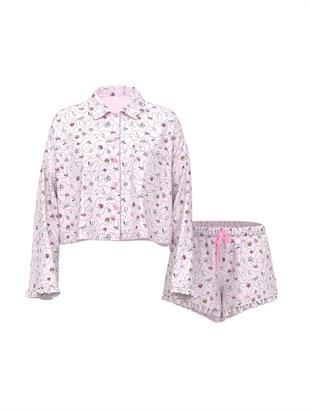 GRWPINK Saten Uzun Kollu ve Şortlu Pijama Takımı