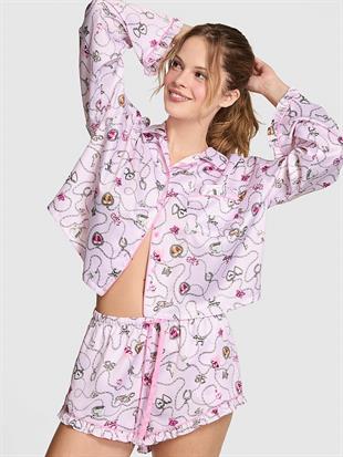 GRWPINK Saten Uzun Kollu ve Şortlu Pijama Takımı
