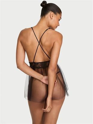 Gül Dantelli Dekolteli Babydoll Takımı