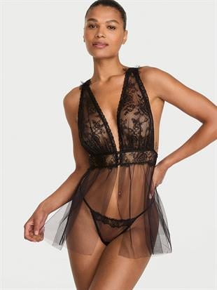 Gül Dantelli Dekolteli Babydoll Takımı