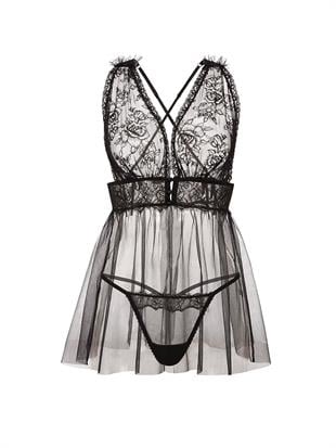 Gül Dantelli Dekolteli Babydoll Takımı