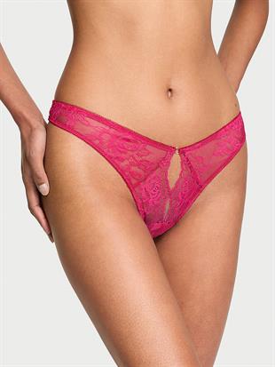 Gül Dantelli Derin Bacak Kesim Crotchless Tanga