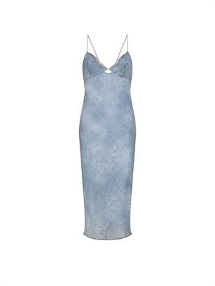 Işıltılı Denim Jakarlı Midi Askılı Elbise