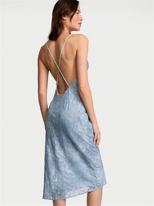 Işıltılı Denim Jakarlı Midi Askılı Elbise