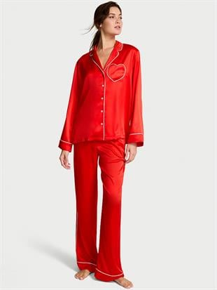 Kalp Detaylı Glazed Saten Pijama Takımı