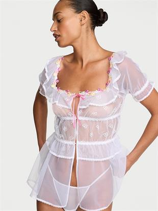 Kelebek İşlemeli Tül Babydoll Takımı