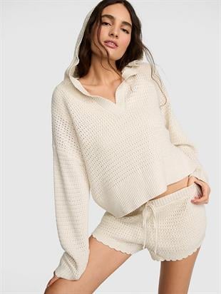 Kroşe V Yakalı Kapüşonlu Sweatshirt
