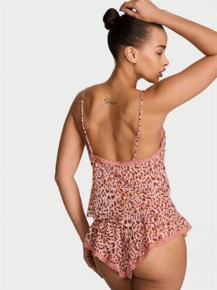 Leopar Desenli Dantelli Askılı Bluz ve Fırfırlı Şort Takımı