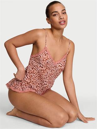 Leopar Desenli Dantelli Askılı Bluz ve Fırfırlı Şort Takımı