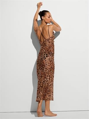 Leoparlı Şifon Dökümlü Maxi Askılı Elbise