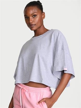 Logolu Pamuklu Oversize Crop Tişört