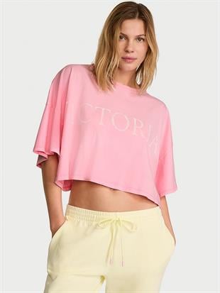 Logolu Pamuklu Oversize Crop Tişört