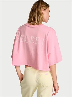 Logolu Pamuklu Oversize Crop Tişört