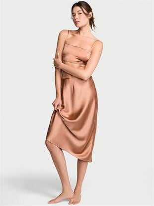 Lüks Saten Crop Bandeau Üst ve Etek Takımı