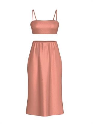Lüks Saten Crop Bandeau Üst ve Etek Takımı