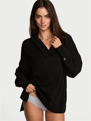 Luxe Knit-V Yaka Kapüşonlu Kazak