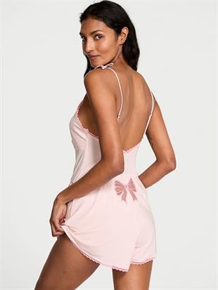 Modal Dantel Detaylı Fiyonklu Kısa Tulum