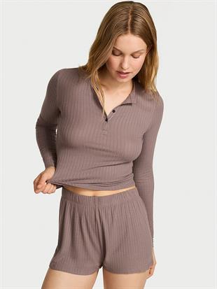 Modal Dokulu Uzun Kollu Şortlu Pijama Takımı