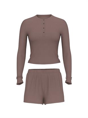 Modal Dokulu Uzun Kollu Şortlu Pijama Takımı