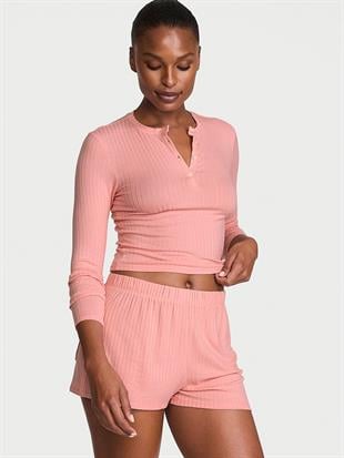 Modal Dokulu Uzun Kollu Şortlu Pijama Takımı