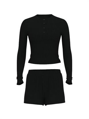 Modal Dokulu Uzun Kollu Şortlu Pijama Takımı