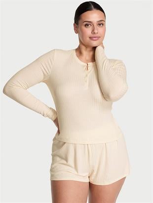 Modal Dokulu Uzun Kollu Şortlu Pijama Takımı