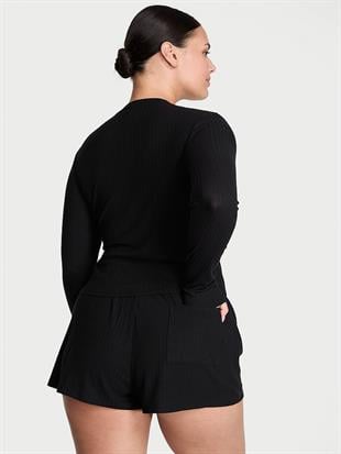 Modal Dokulu Uzun Kollu Şortlu Pijama Takımı
