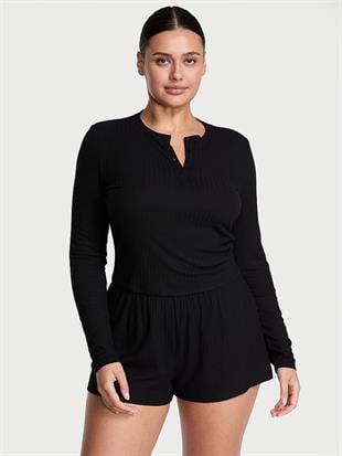 Modal Dokulu Uzun Kollu Şortlu Pijama Takımı