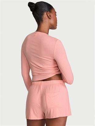 Modal Dokulu Uzun Kollu Şortlu Pijama Takımı