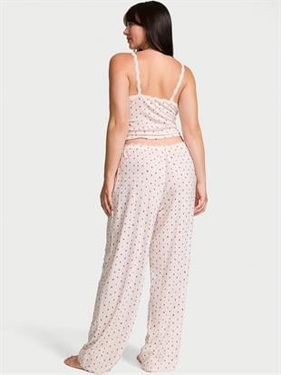 Pointelle Ribanalı Askılı Üst Ve Uzun Alt Pijama Takımı