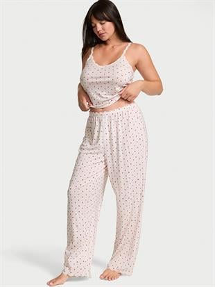 Pointelle Ribanalı Askılı Üst Ve Uzun Alt Pijama Takımı