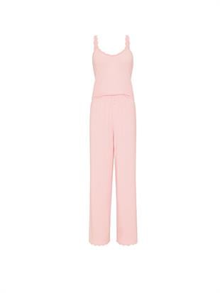 Pointelle Ribanalı Askılı Üst Ve Uzun Alt Pijama Takımı