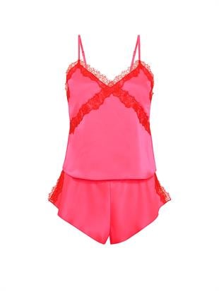 Saten Dantelli Askılı Üst & Volanlı Şort Pijama Takımı