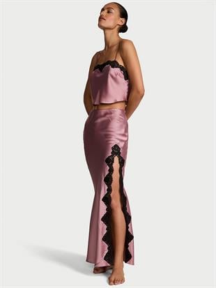 Saten Dantelli Crop Üst ve Slip Etek Takımı