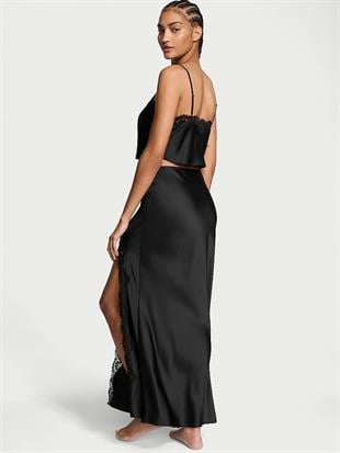 Saten Dantelli Crop Üst ve Slip Etek Takımı